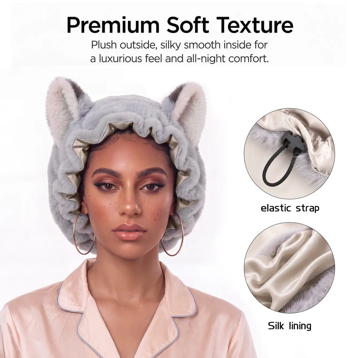 Brand Original Fox Ear Design Plush Satin Hair Bonnet for Sleeping, Soft Fleece Sleep Cap for Women with Satin Lining, Adjustable Elastic Band, anti Frizz Hair Protection Night Cap for Curly Hair, Braids, Natural Hair, Skincare & Lounge。